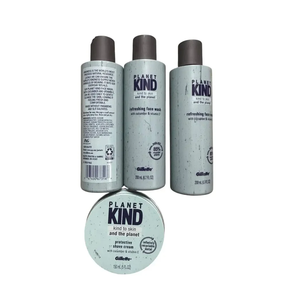 Planet Kind by Gillette Face Wash 6.7 oz x3 + Protective Shave Cream Bundle NWT